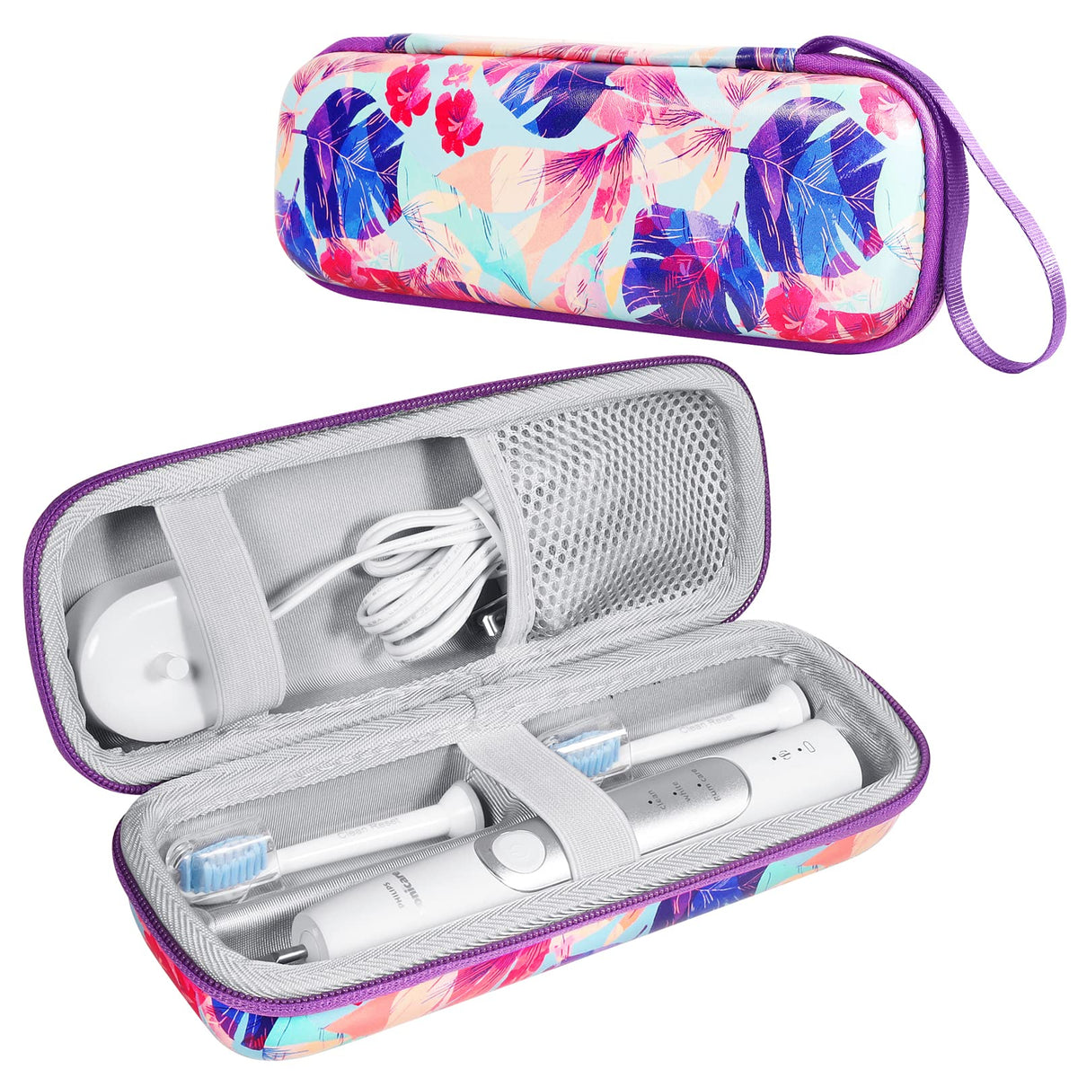 Purple ZORETCO toothbrush travel case exterior with floral pattern
