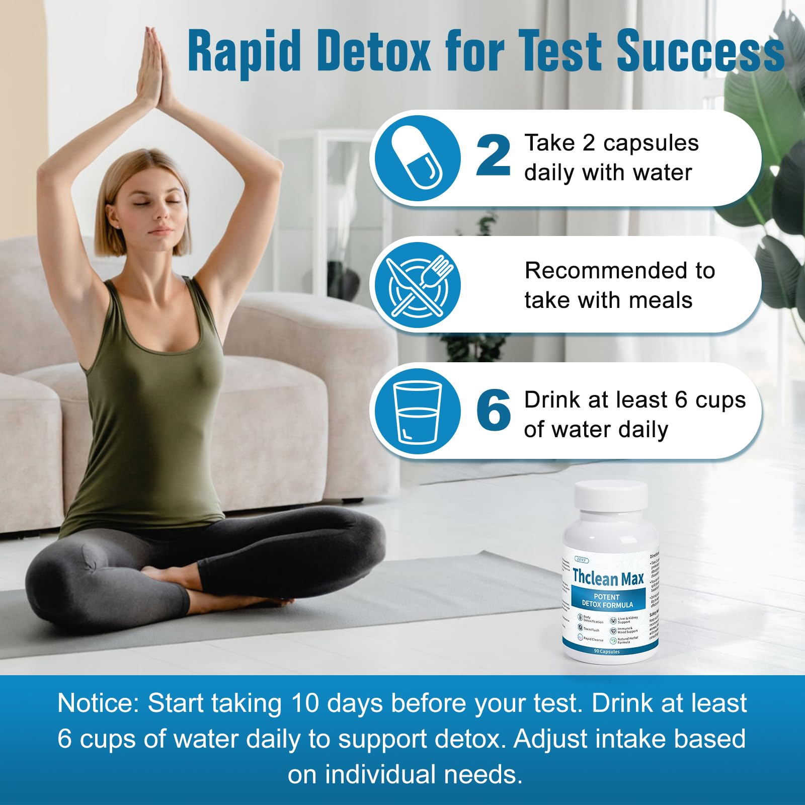 ZOXY ThcleanMax capsules with glass of water—hydration-friendly detox routine.