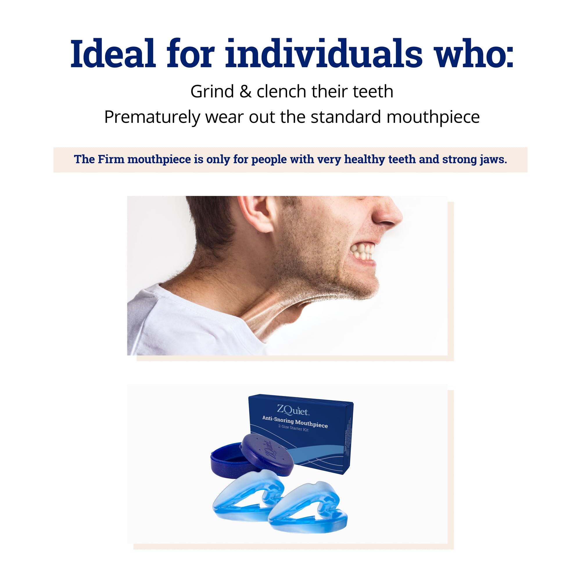 Person wearing ZQuiet Firm mouthpiece Size 1