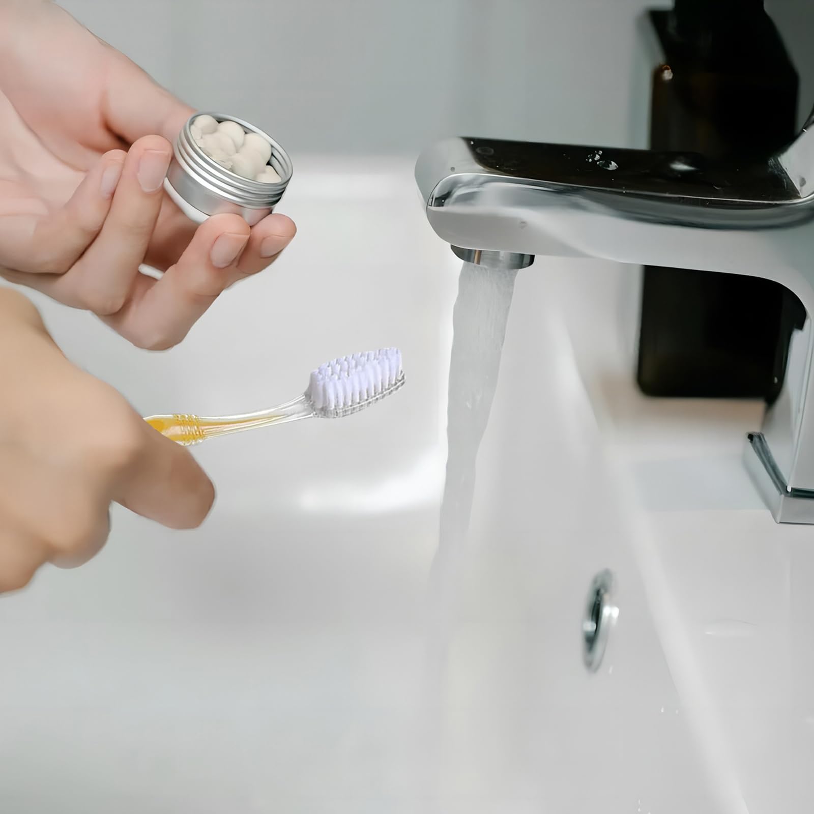 Close-up of a yellow medium bristle toothbrush