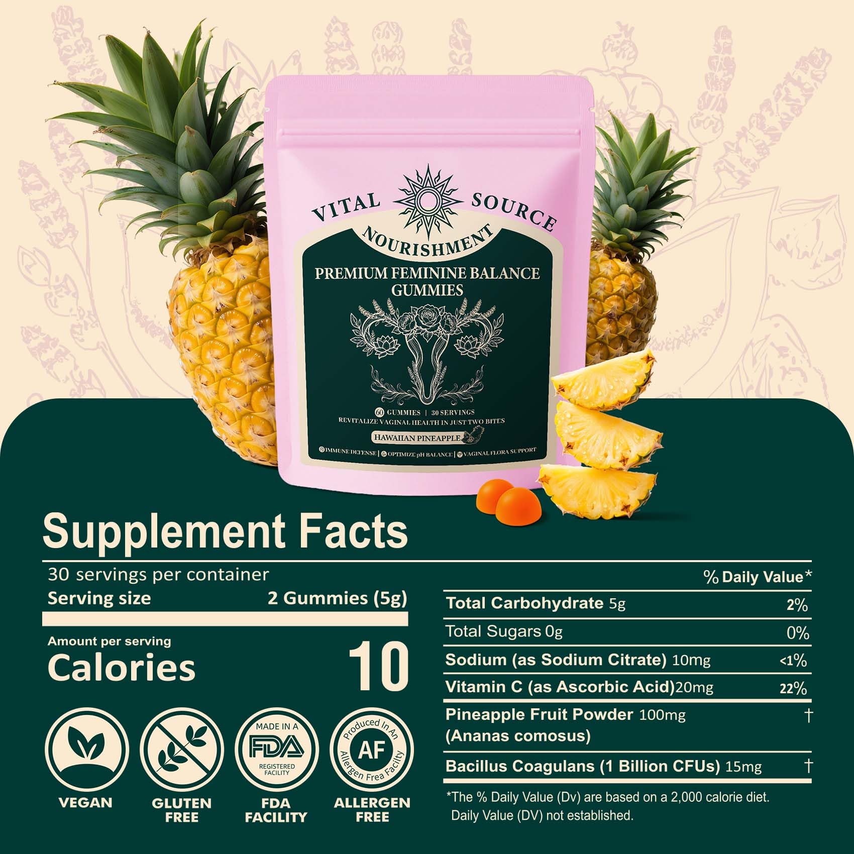Pineapple-flavored gummy beside ZuriVitaNex bottle
