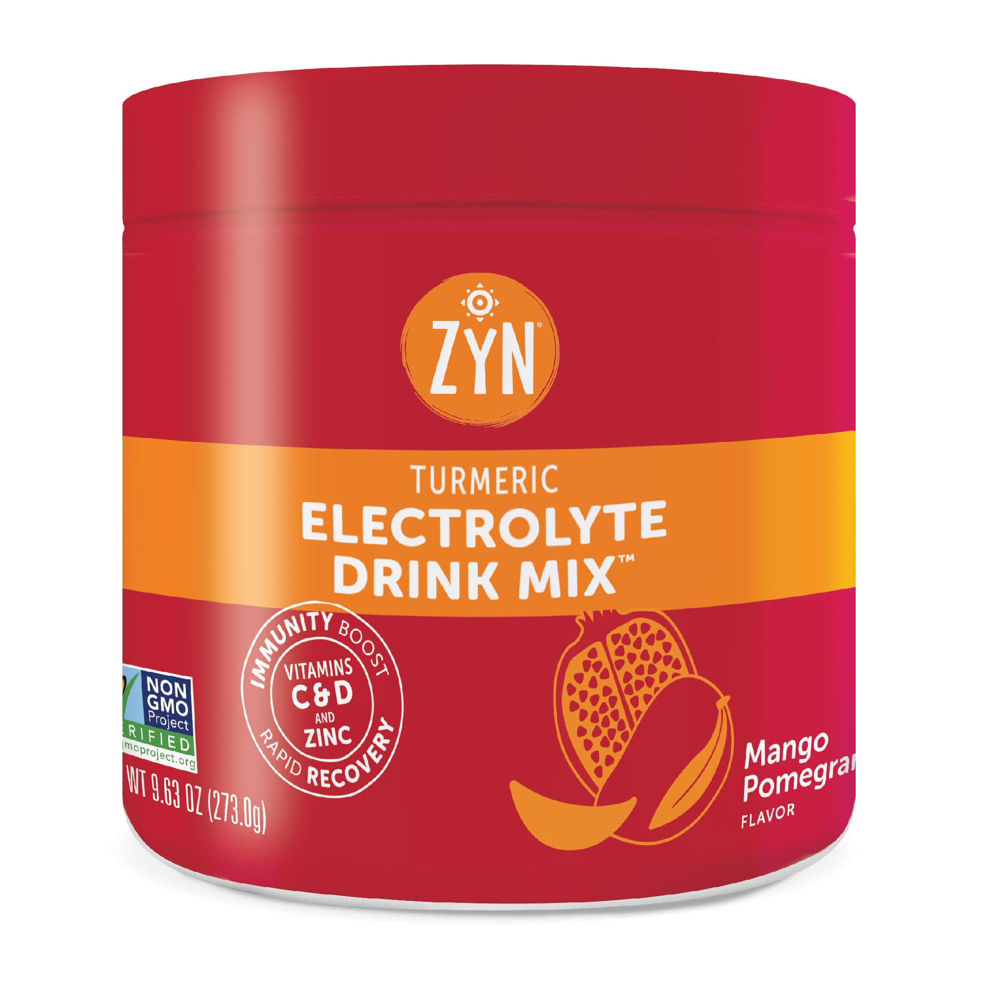 ZYN electrolyte hydration mix mango-pomegranate tub front for daily hydration with balanced minerals.