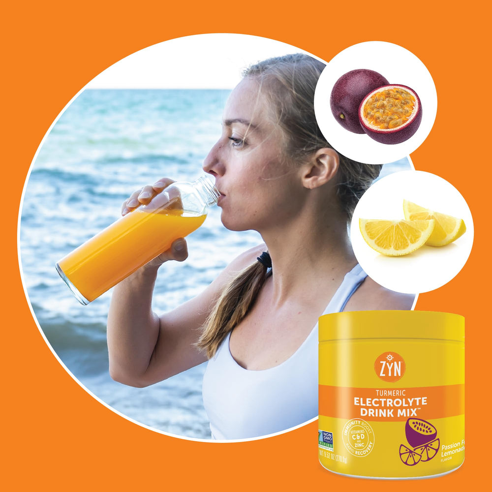 ZYN electrolyte hydration drink mix Passionfruit glass highlights refreshing flavor