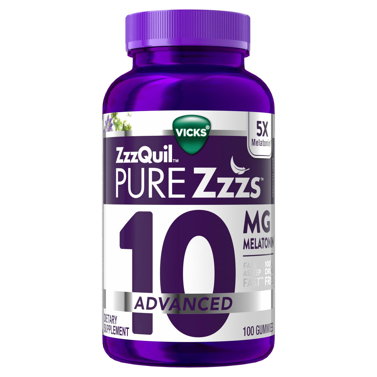 Front view of ZzzQuil PURE Zzzs Advanced Melatonin Gummies Berry 100-count bottle