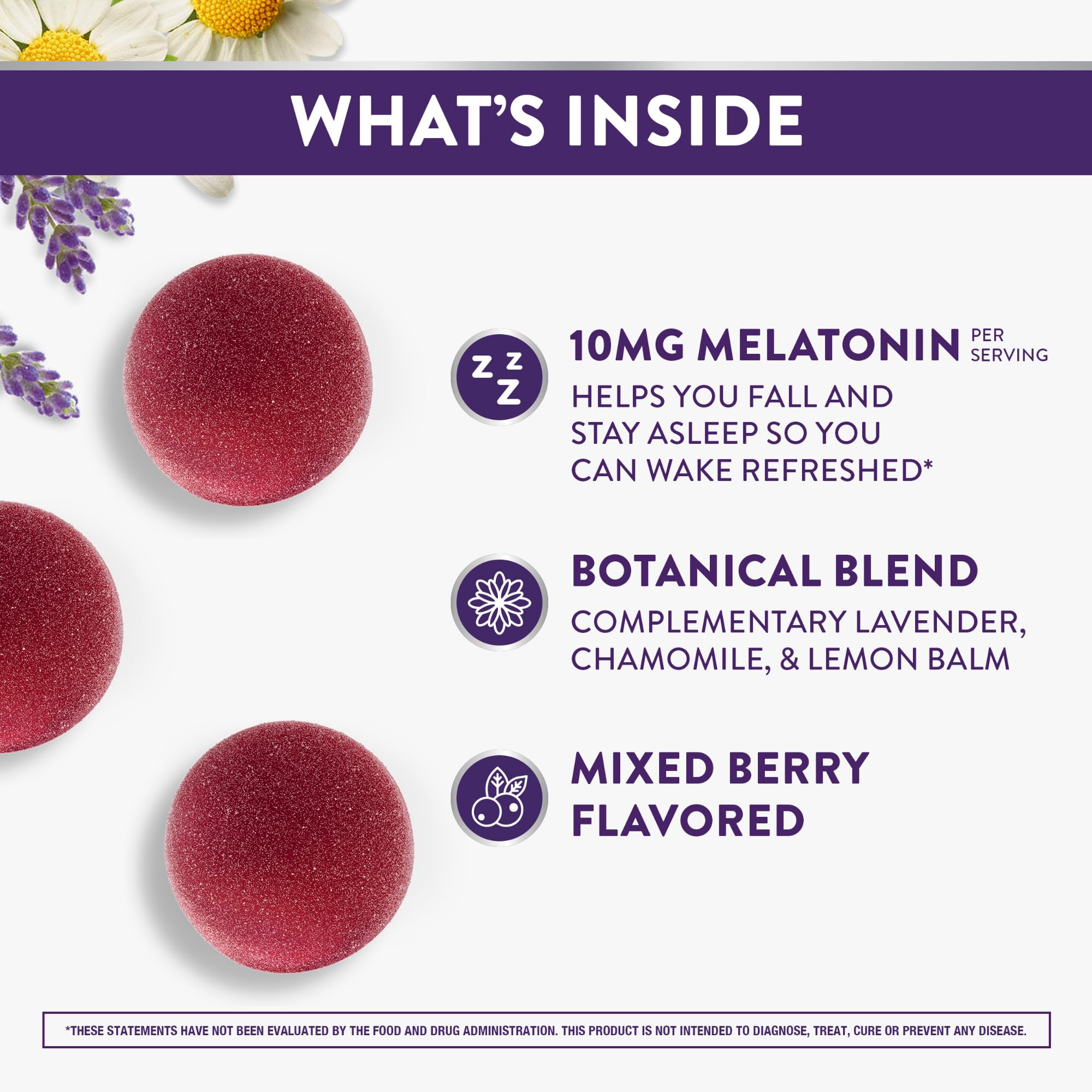 Berry-flavored melatonin gummies with chamomile and lavender illustration