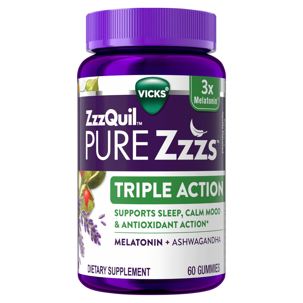 Front view of ZzzQuil PURE Zzzs Triple Action Melatonin Gummies bottle
