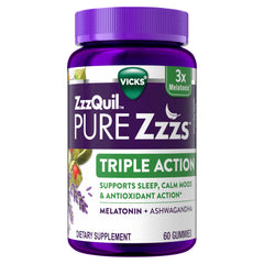 Front view of ZzzQuil PURE Zzzs Triple Action Melatonin Gummies bottle